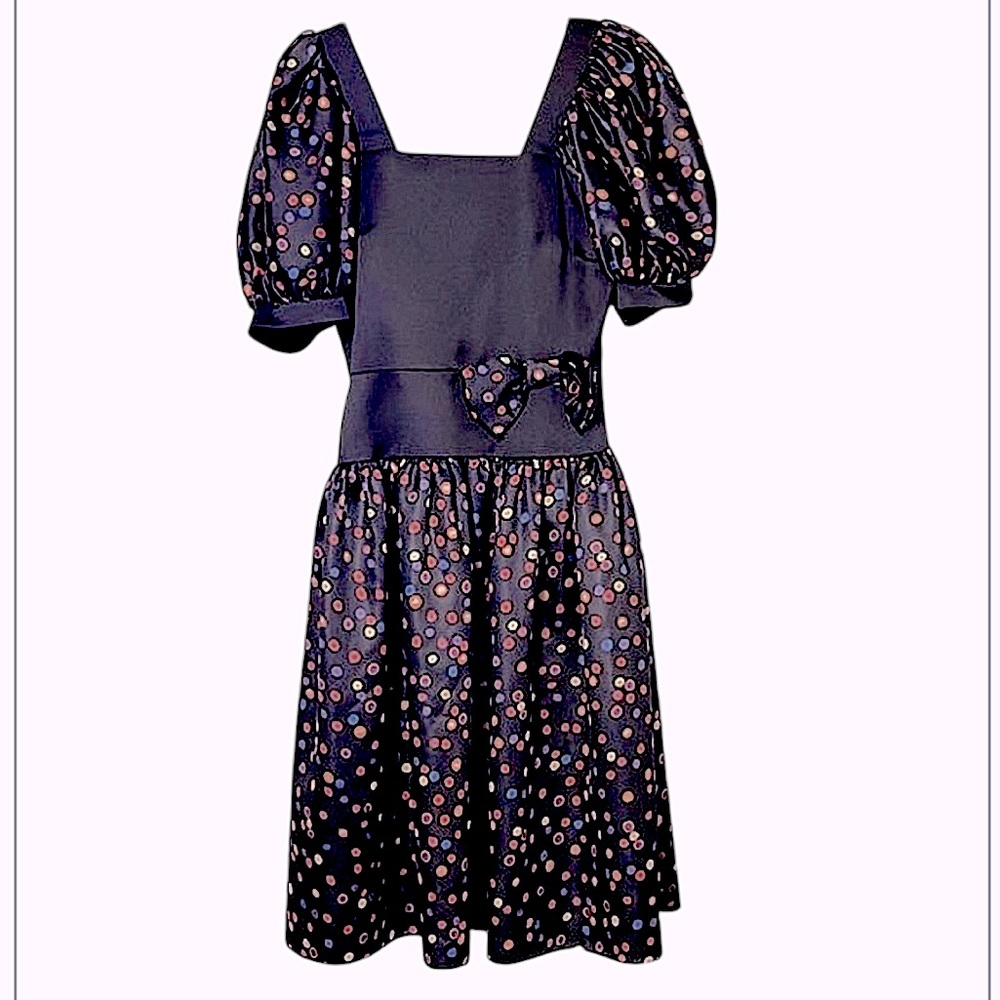 Vintage Satin Puffy Sleeve Polka Dot Square Neck Drop Waist MIDI Dress